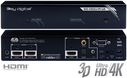 Key Digital/ KD-2X1ProK/2 Inputs to 1 Outputs HDMI Video Switcher with Audio De-embedder of Coaxial, Analog L/R &amp; Digital Audio, Supports Ultra HD/4K /UHD 2:1HDMI 스위처,분배기,셀렉터,케이블,오디오분리 셀렉터