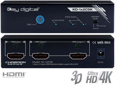  UHD/4K Distribution Amp/Distributor/디스트리뷰터/분배기/1:2/KD-1X2SCK/1 Input to 2 Outputs HDMI Distribution Amplifier, supports Ultra HD/4K /KEY DIGITAL